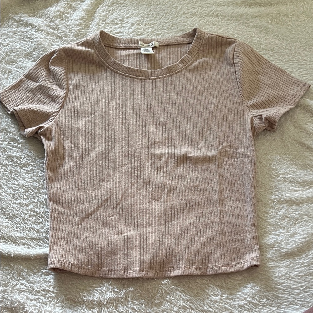 Bozzolo Ribbed Beige Short Sleeve Tee - Cropped